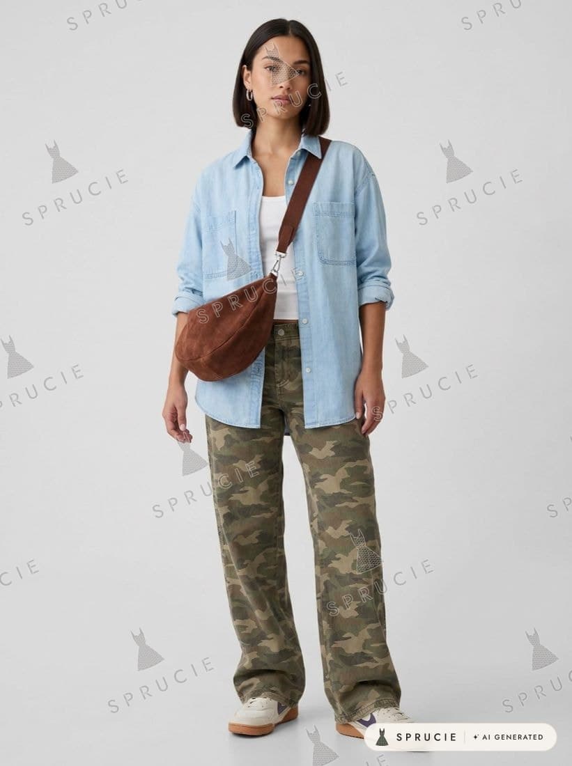 Light chambray shirt over a white tee with camo wide-leg trousers, white sneakers, a suede sling bag and chain huggie hoops