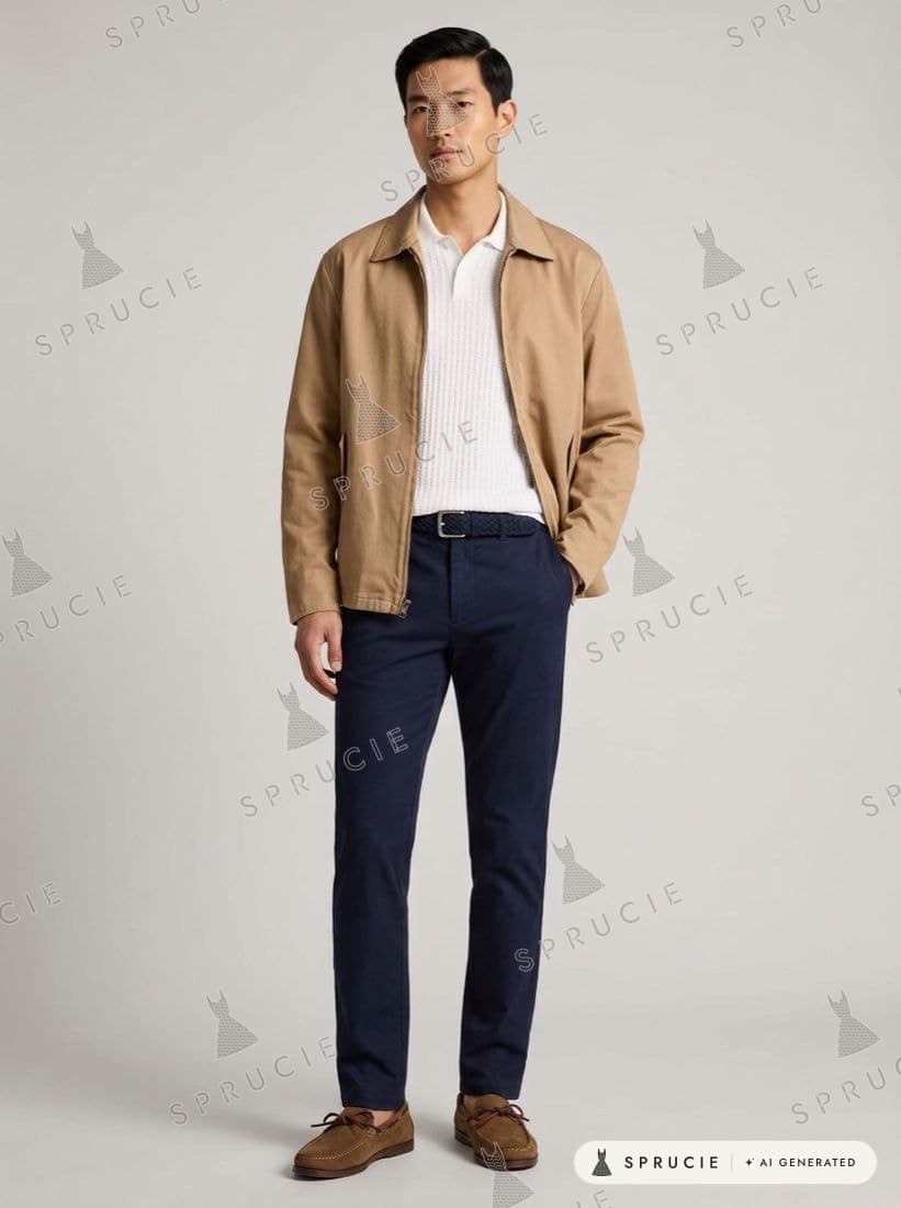 Camel cotton twill field jacket over a cream cable-knit polo, with navy slim chinos, tan suede moccasins and a navy woven suede belt