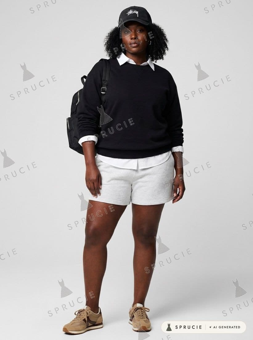 Black fleece crew-neck sweatshirt with grey sweat shorts, tan retro sneakers, a black backpack, huggie hoops and a black trucker cap