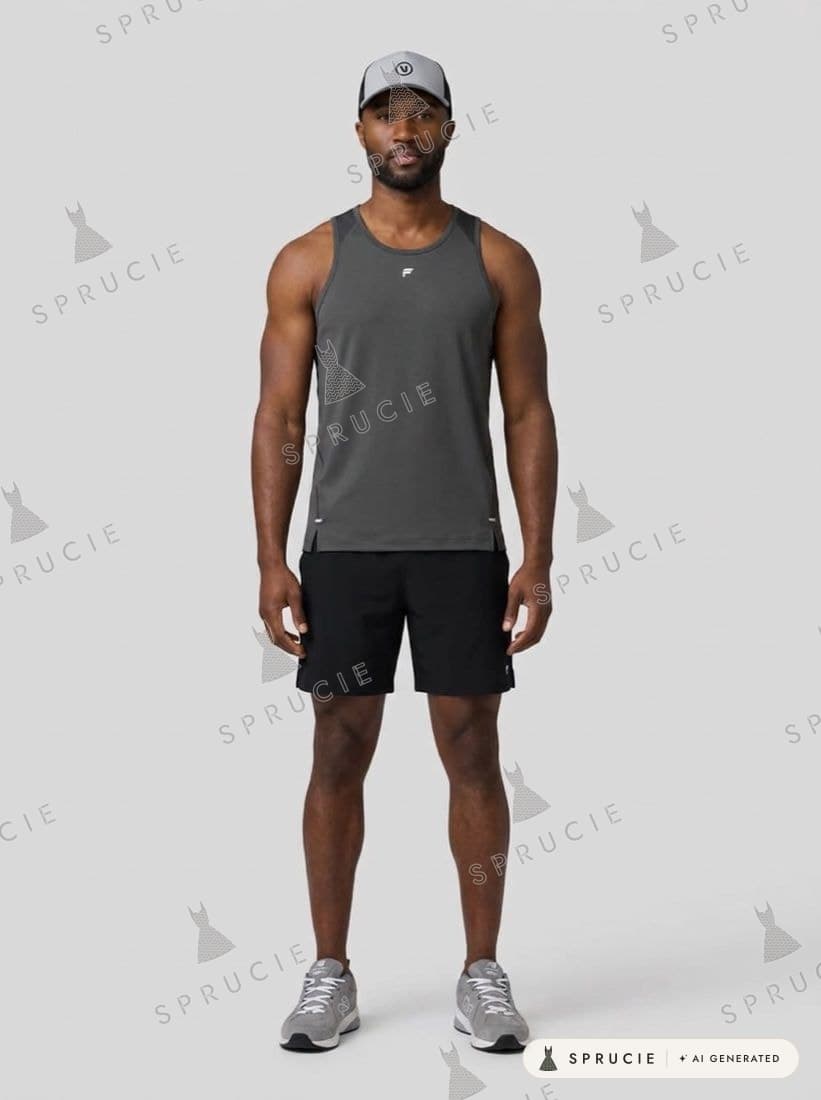 Grey performance tank with black 7-inch training shorts, grey trainers and a foam trucker cap