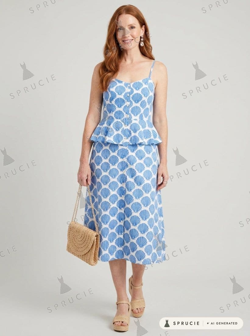 Cobalt and white print strappy cotton-linen midi dress with a peplum hem, raffia wedge sandals, a natural raffia clutch and rose gold drop earrings
