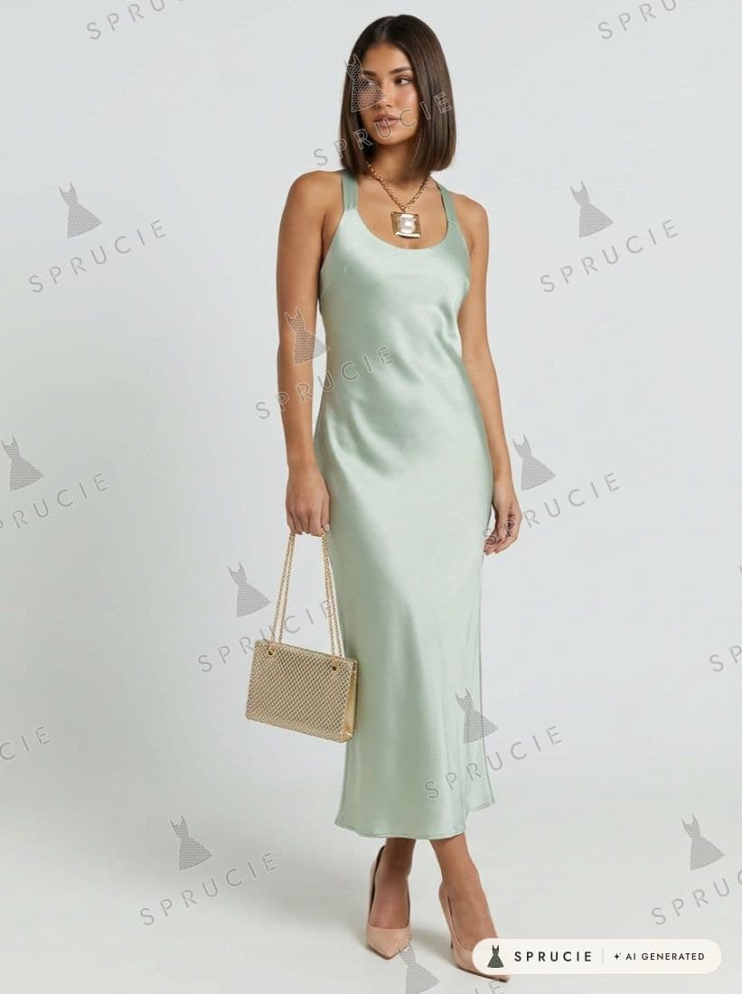 Sage satin slip midi dress with a gold statement necklace, a gold chain clutch and nude pointed heels